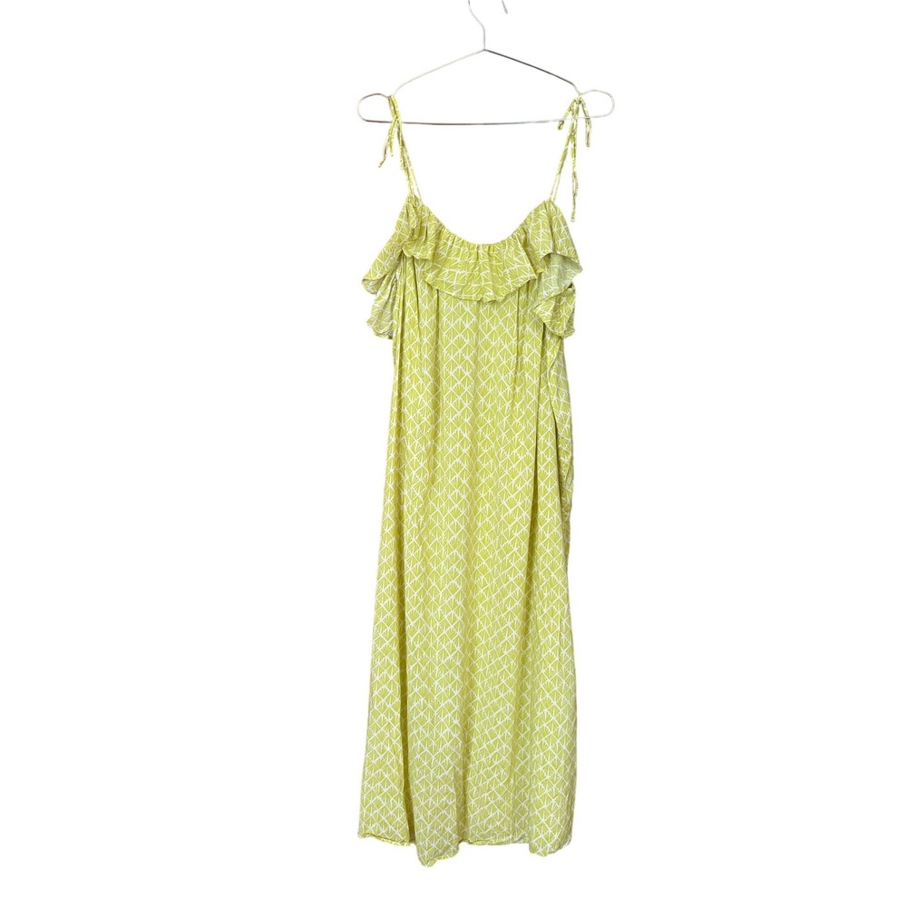 H&M Maxi Dress Women Lime Green‎ Geometric Tie Shoulder Ruffle Boho SIZE M